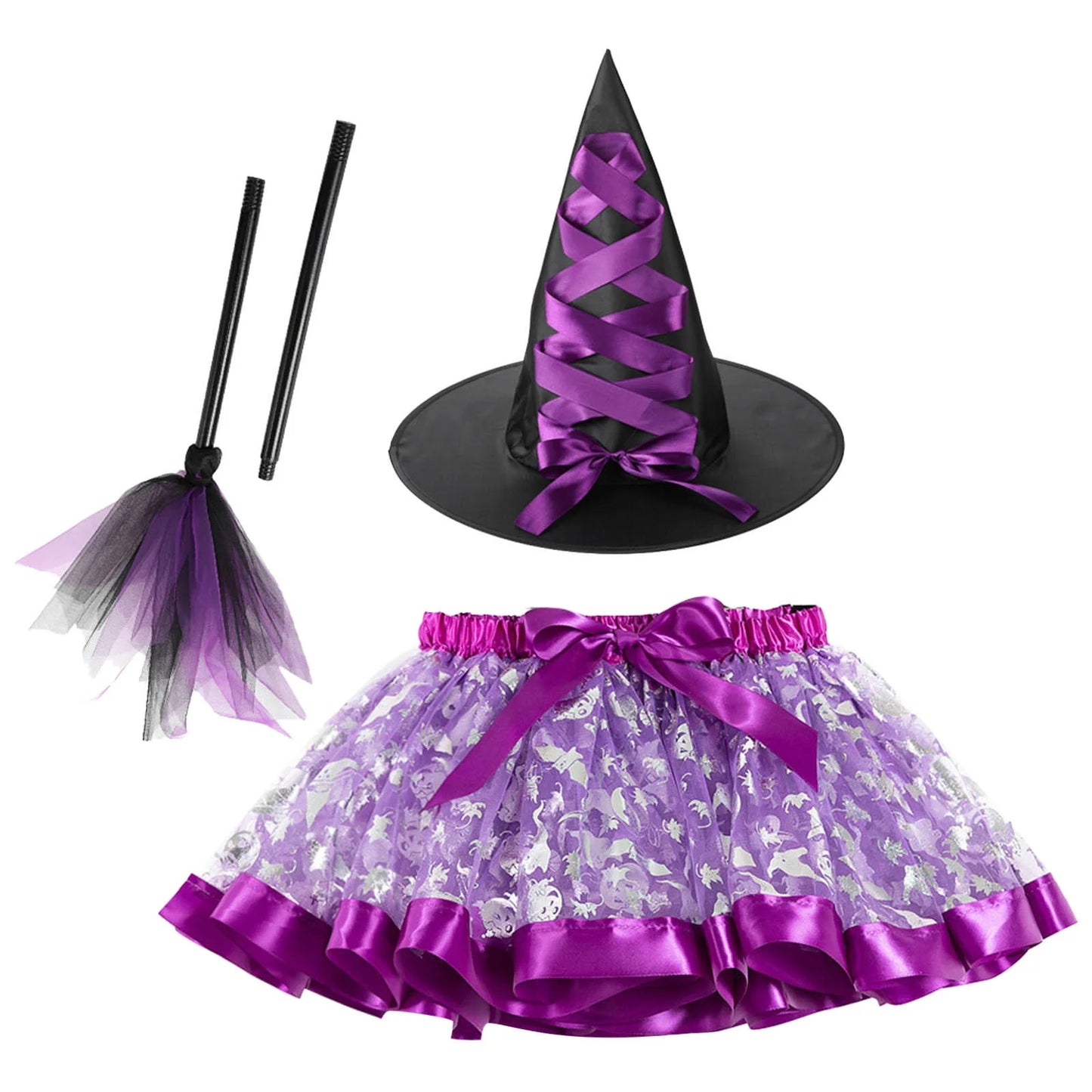 Halloween Baby Clothes Halloween 2024 Wizard Hat Adult Carnival Halloween Children Tutu Broom Three-Piece Set Headband Purple M